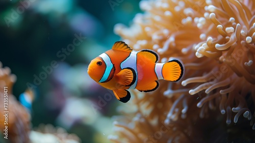 Coral reef's vivid colors highlighted by the presence of a tropical clownfish.