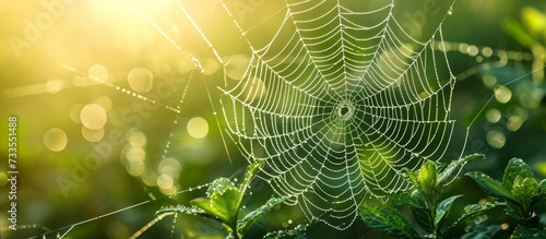 Spider web with raindrops sparkling in sunlight, intricately woven across a green plant, showcasing nature's beauty in a delicate way.
