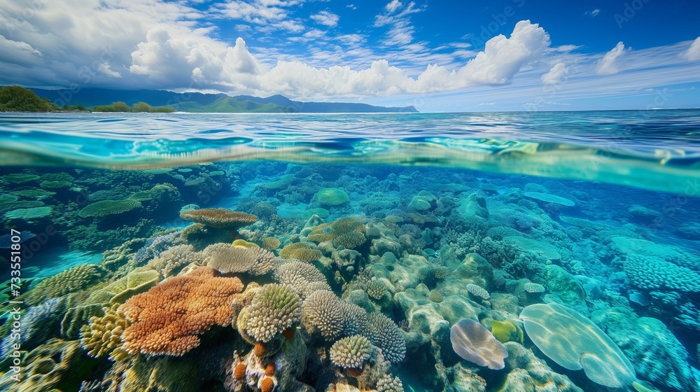 The intricate natural marine habitat of the reef, visible in the sunlit aerial view. The intricate natural marine habitat of the reef, visible in the sunlit aerial view.