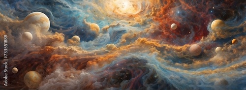 Banner universo de fantasia, nubes, planetas, nebulosas en el espacio, atractiva composicion. photo