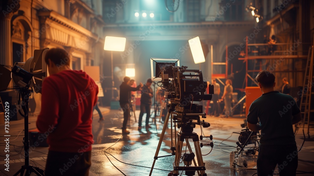 Crew members collaborating on a film production set filled with camera and sound gear. Crew members collaborating on a film production set filled with camera and sound gear.