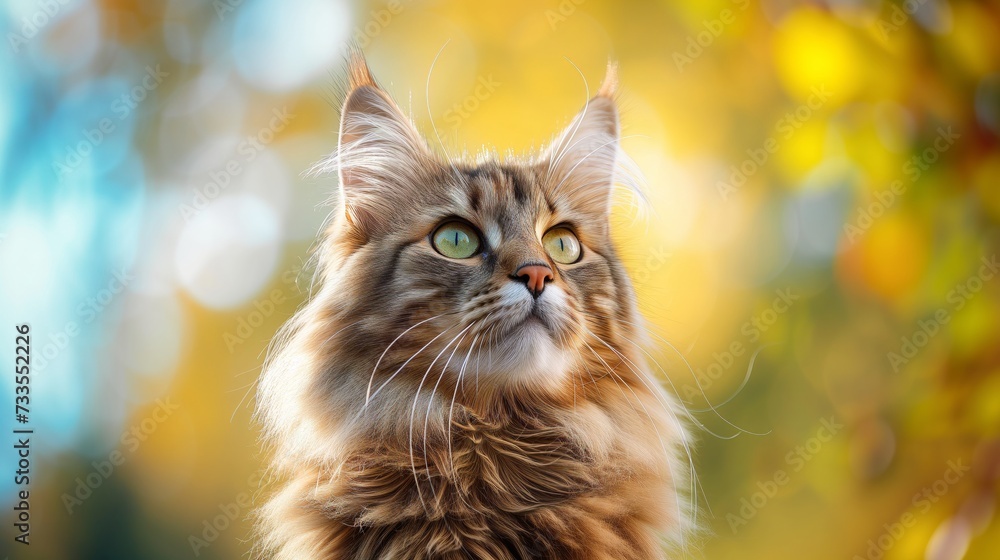 A Maine Coon's luxurious fur and tufted ears stand out against the blurred backdrop of a garden, reflecting the breed's natural majesty.