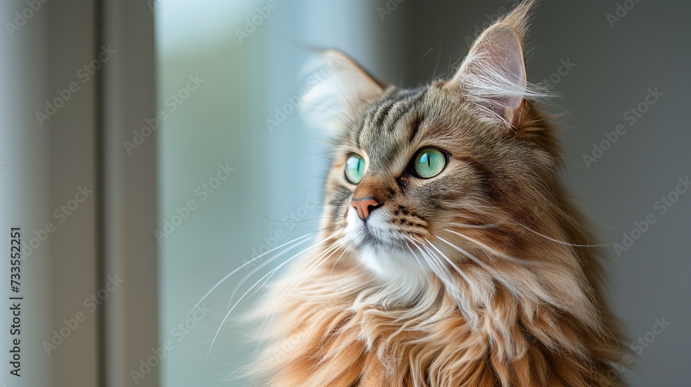 The lush background of greenery and the golden light of sunset frame a Maine Coon's regal and relaxed demeanor.
