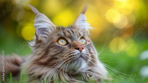 The gaze of a Maine Coon cat, looking upward with curiosity, is captured in stunning clarity against the soft backdrop of a setting sun.