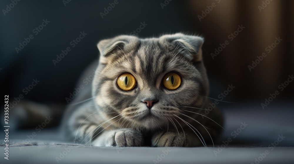 The calm, attentive look of a domestic cat, lying down and enjoying the soft comfort of home life. The calm, attentive look of a domestic cat, lying down and enjoying the soft comfort of home life.