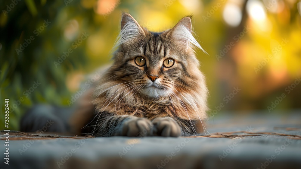 The setting sun casts a golden glow on the long, fluffy fur of a Maine Coon, highlighting the regal beauty of this large feline breed.