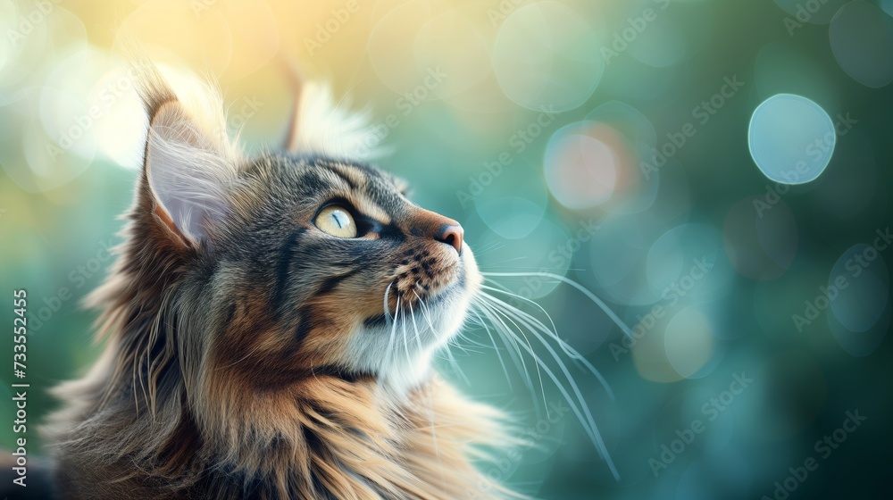 In the golden light, a Maine Coon's fur takes on a warm hue, its eyes reflecting the surrounding nature in a moment of peacefulness. - obrazy, fototapety, plakaty 