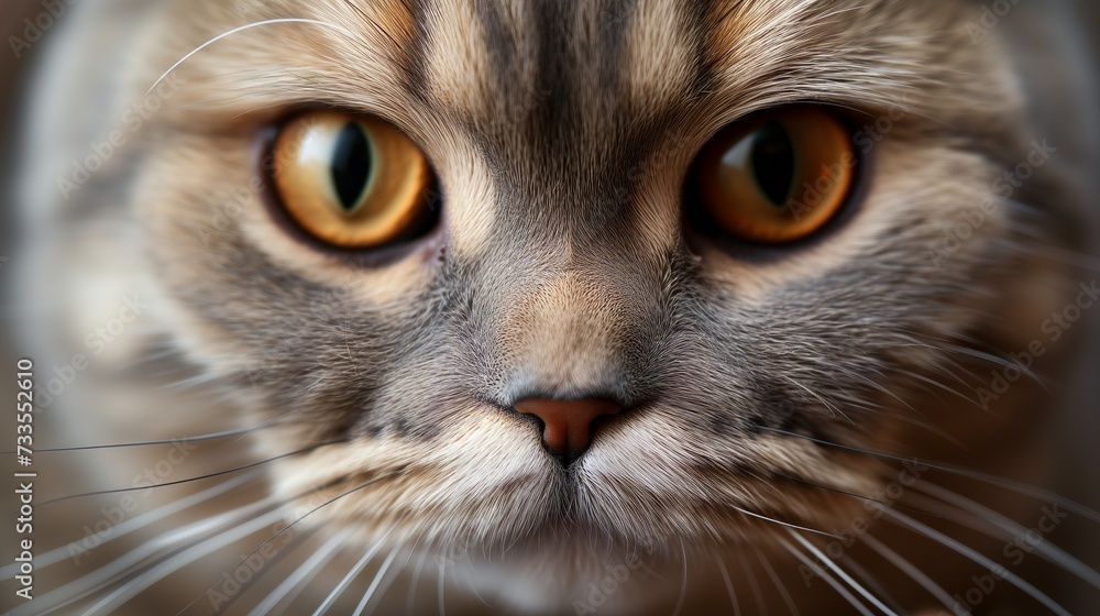 A Scottish Fold's attentive gaze and characteristic folded ears are the stars of this detailed close-up, reflecting the breed's charming personality. A Scottish Fold's attentive gaze and characteristic folded ears are the stars of this detailed close-up, reflecting the breed's charming personality.
