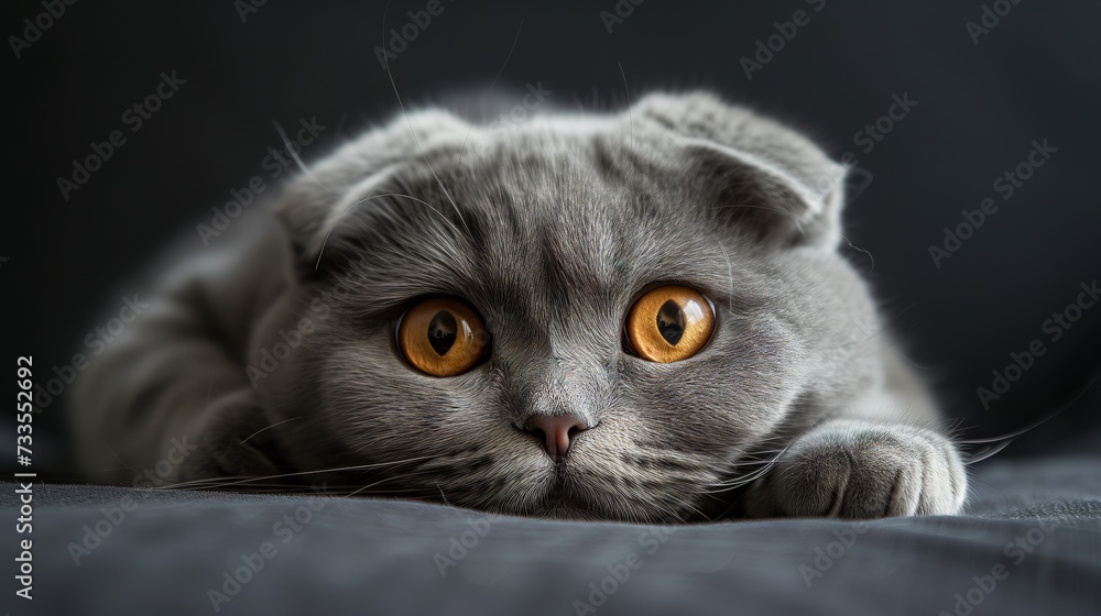 The folded ears and round face characteristic of a Scottish Fold come to life in this close-up, showcasing the breed's gentle nature.