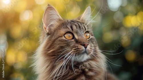 A Maine Coon's detailed whiskers and fur texture are set against the soft blur of a garden, a serene depiction of this regal and beloved breed.