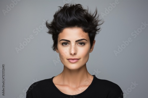 Portrait of beautiful young woman with trendy hairstyle and makeup.