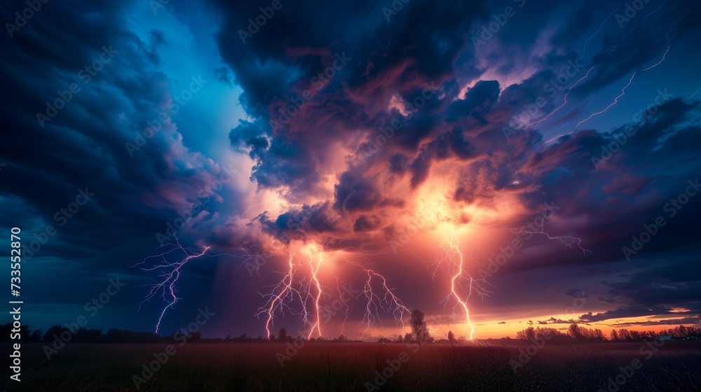 The skies unleash their fury with a spectacular lightning display, each bolt a brilliant flash against the gathering storm.