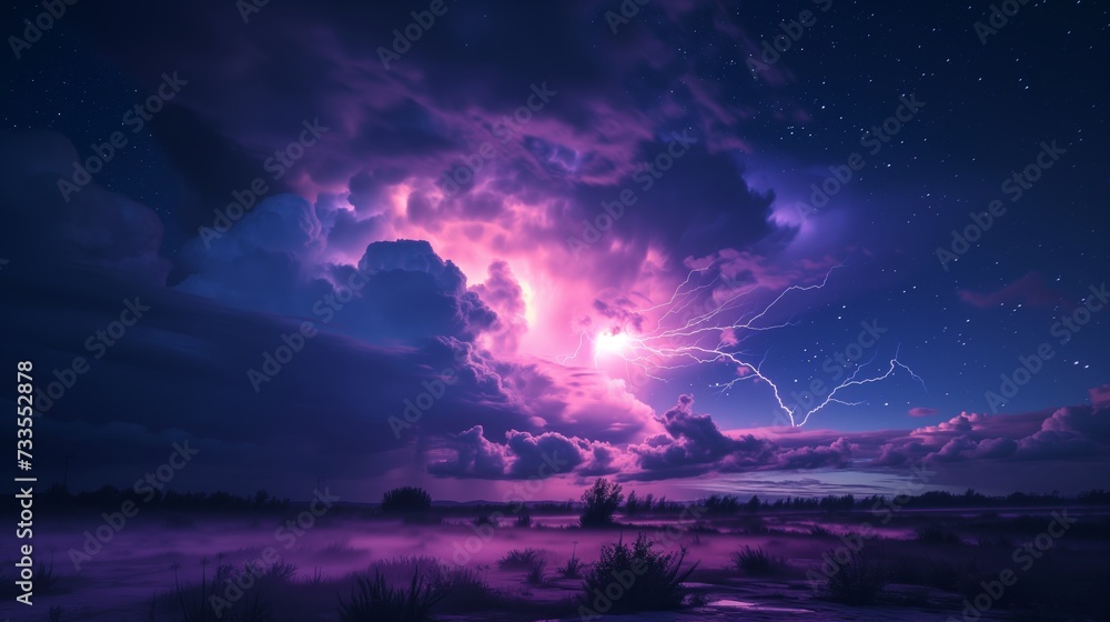 Fototapeta premium As dusk settles, the horizon is lit by an intense flash of lightning, highlighting the dark, brooding clouds of the severe weather front.