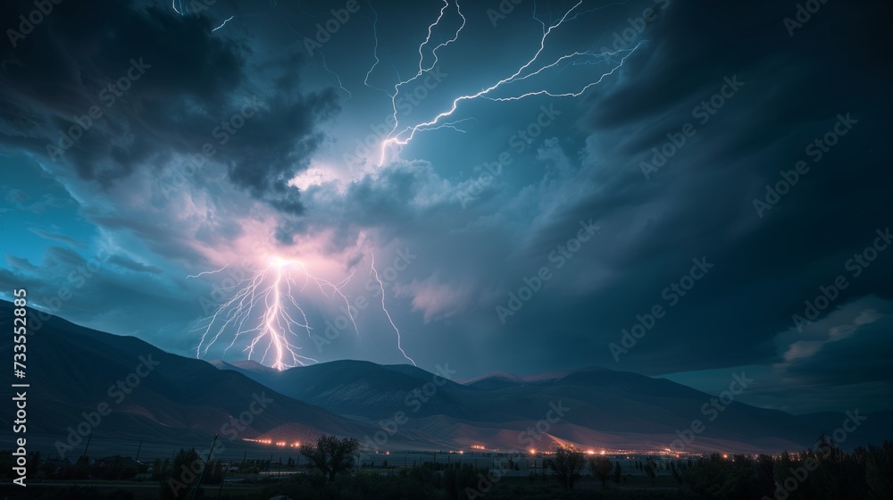 The rumble of thunder follows the spectacular sight of lightning forking down towards the earth, a display of nature's untamed energy. - obrazy, fototapety, plakaty 