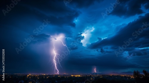 Electric tendrils reach down from the sky, the thunderstorm's power visible in the vivid streaks of lightning against the dusk.