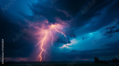A lightning bolt’s electric blue radiance etches a vivid line against the stormy backdrop, while the sound of thunder rumbles in the distance.