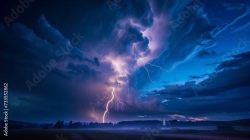 A dramatic electrical storm lights up the night, with bolts of lightning striking down near a city, juxtaposing nature's power with human habitation.