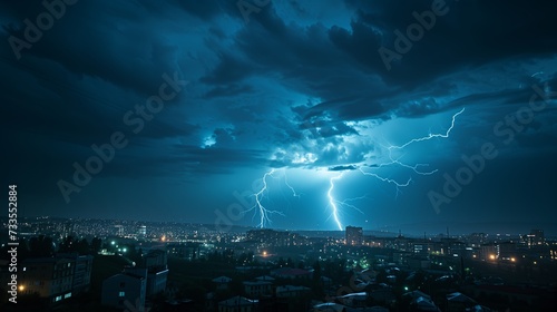 Intense and awe-inspiring, a bolt of lightning pierces the tempestuous sky, its glow a stark contrast to the subdued lights of the cityscape below.