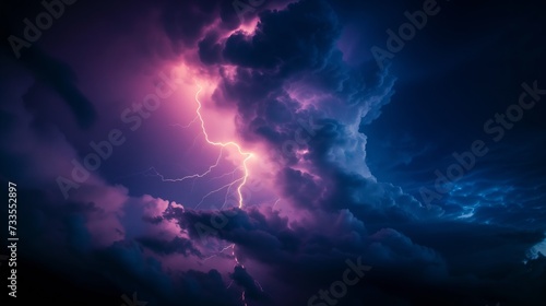 A thunderbolt's fierce arc lights up the storm clouds, its glowing path mirrored in the city lights below.