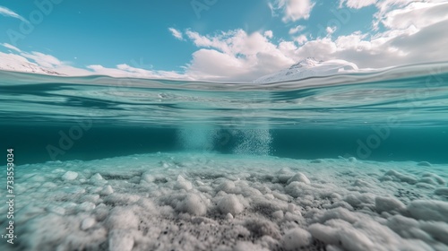 The calm blue of the underwater ice world juxtaposes the fiery skies of dusk, creating a canvas of surreal beauty.