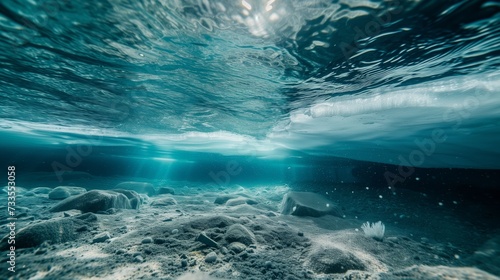 The underwater world lies still and blue, beneath a snow-covered grove bathed in the light of a setting sun.