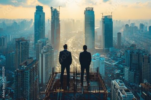 Businessmen on roof - investments, patron, business: economic growth strategic capital investment and innovative building initiatives, success in the dynamic landscape of entrepreneurial development. photo