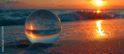 A spherical glass object on the shore mirrors the ocean during summertime sundown.