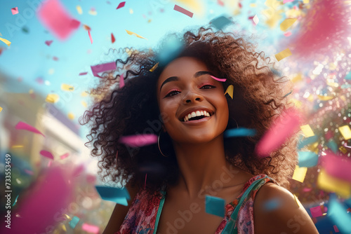 young black woman surrounded with confetti, of soft edges and blurred details,