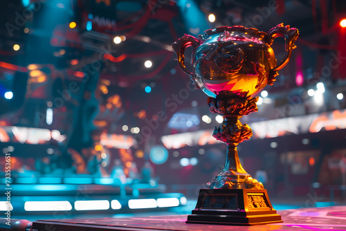 an esport trophy standing on a stage at night photo