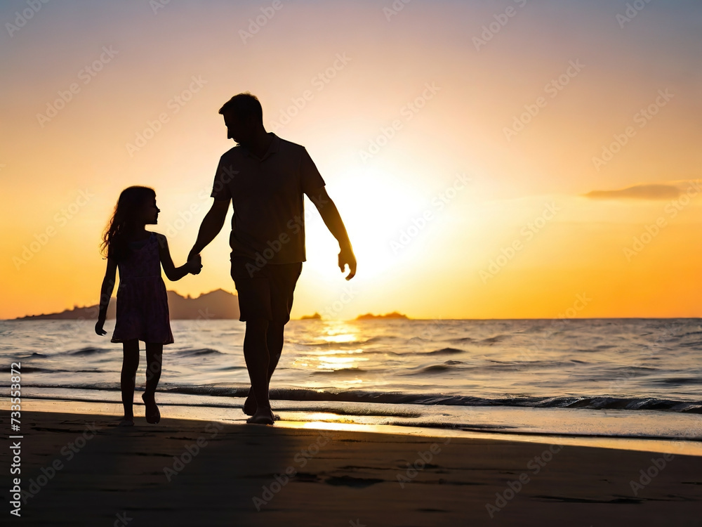 Silhouette of father and little daughter walking on beach at sunset