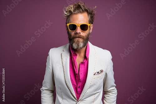 Bearded man wearing jacket and sunglasses. Studio shot over purple background.