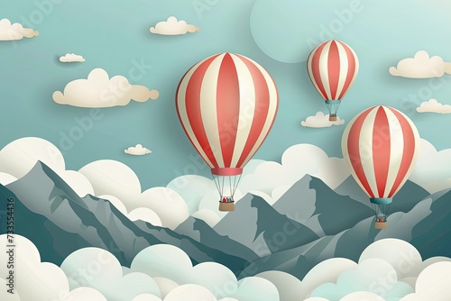 Clouds and striped hot air balloons against cloudy sky fly over mountains.