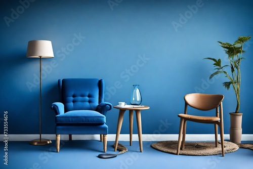 The classic blue armchair, a small table and lamp against a blue wall
