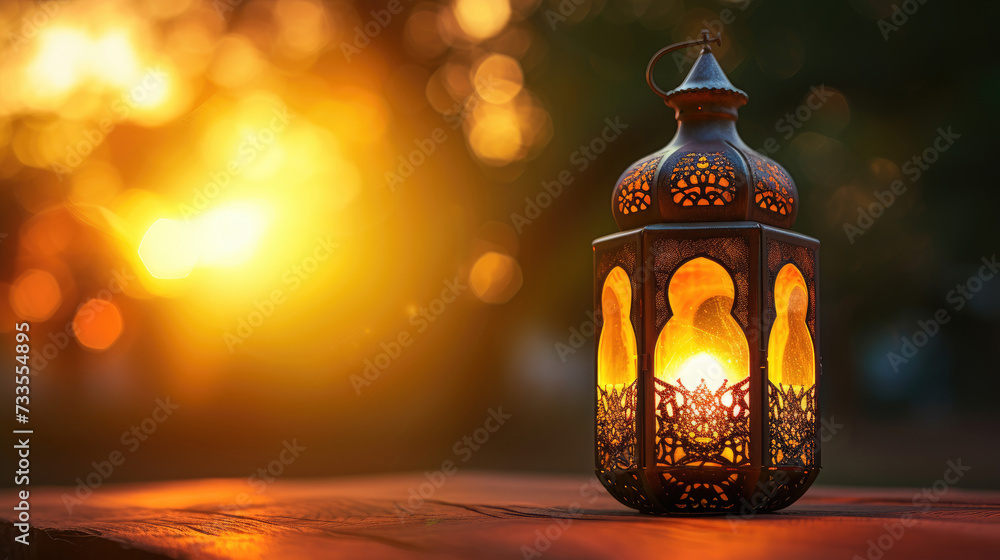 Arabic lanterns on a wooden surface with a blurry background at sunset, festive decoration for Ramadan Kareem Arabic lanterns on a wooden surface with a blurry background at sunset, festive decoration for Ramadan Kareem