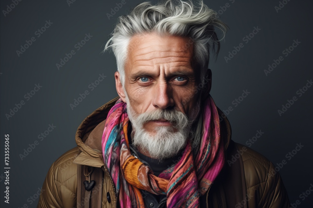 Portrait of a senior man with grey hair and beard wearing a winter coat and scarf.