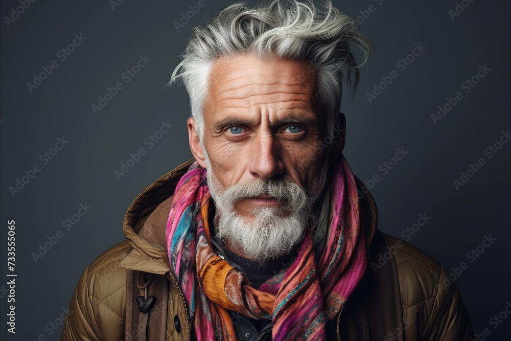 Portrait of a senior man with grey hair and beard wearing a winter coat and scarf. Portrait of a senior man with grey hair and beard wearing a winter coat and scarf.