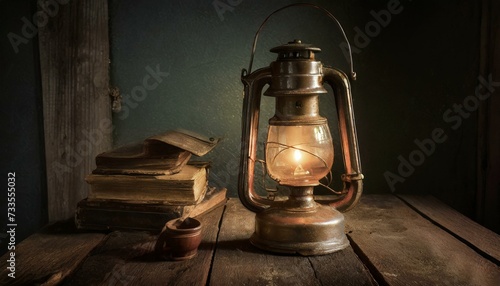old oil lamp on table, the rustic elegance of an antique kerosene lamp casting a soft glow on a rustic wooden table