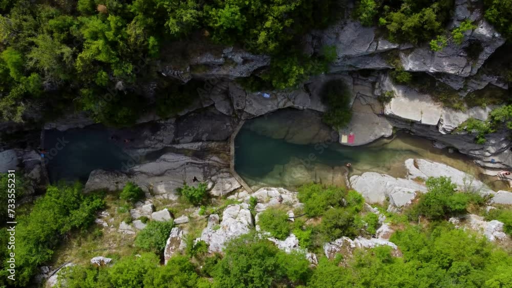Birds eye view of Papingo Rock Pools, Ovires of Rogovo in Greece, stream with natural ponds Birds eye view of Papingo Rock Pools, Ovires of Rogovo in Greece, stream with natural ponds