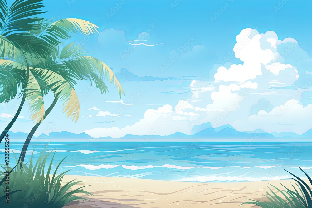 Summer beach background clouds and sky, waves and sea with palm leaves