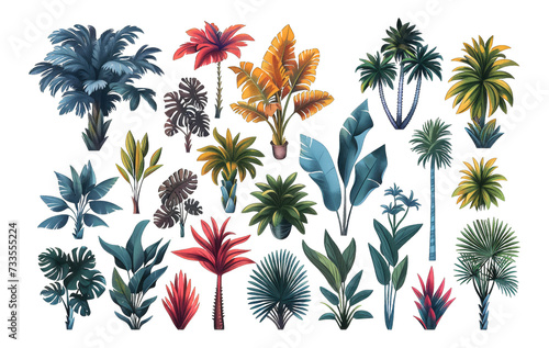 Tropical collection with exotic flowers, leaves, wild foliage, branches isolated on transparent background. Palm leaves, jungle tree, monstera, brazil tropic botany elements