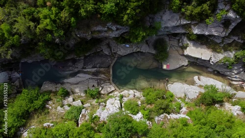 Birds eye view of Papingo Rock Pools, Ovires of Rogovo in Greece, stream with natural ponds photo