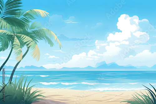 Summer beach background clouds and sky  waves and sea with palm leaves