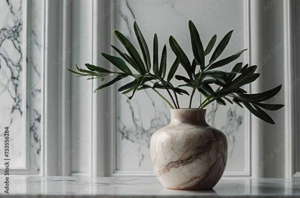 Vase and plants isolated on white marble table and white marble backgrounds with copy space, apartment or kitchen interior design Vase and plants isolated on white marble table and white marble backgrounds with copy space, apartment or kitchen interior design