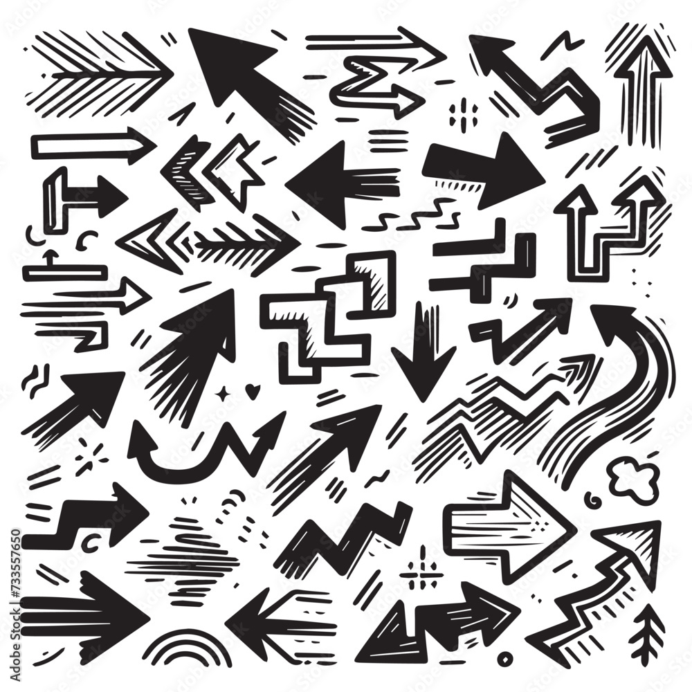 A Collection of Scribble Arrow Strokes in Varied Sizes and Directions, Black brush stroke arrow set. A Collection of Scribble Arrow Strokes in Varied Sizes and Directions, Black brush stroke arrow set.