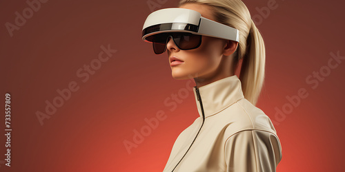 Attractive young woman wearing virtual reality goggles. Future technology concept.