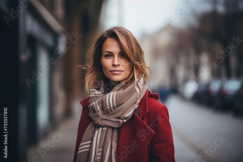 Portrait of a beautiful young woman in a red coat and scarf on the street