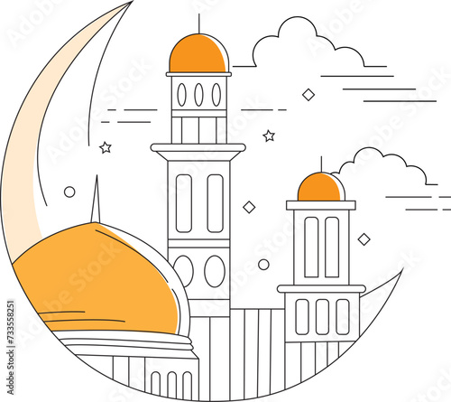 Great mosque landscape monoline modern hand drawing style vector illustration for ramadan eid template