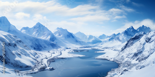 Snowy mountains landscape with lake and blue sky. 3d rendering