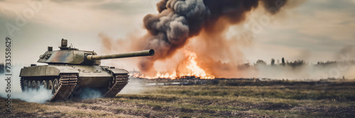 Panoramic view of battle tank with smoke and fire in background. Destroyed building in town with burning structures after military attack during war.
