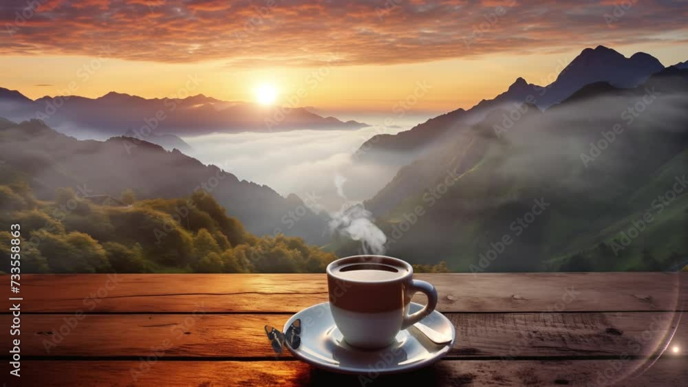 morning cup of coffee with mountain background. morning in the mountains. seamless looping overlay 4k virtual video animation background morning cup of coffee with mountain background. morning in the mountains. seamless looping overlay 4k virtual video animation background